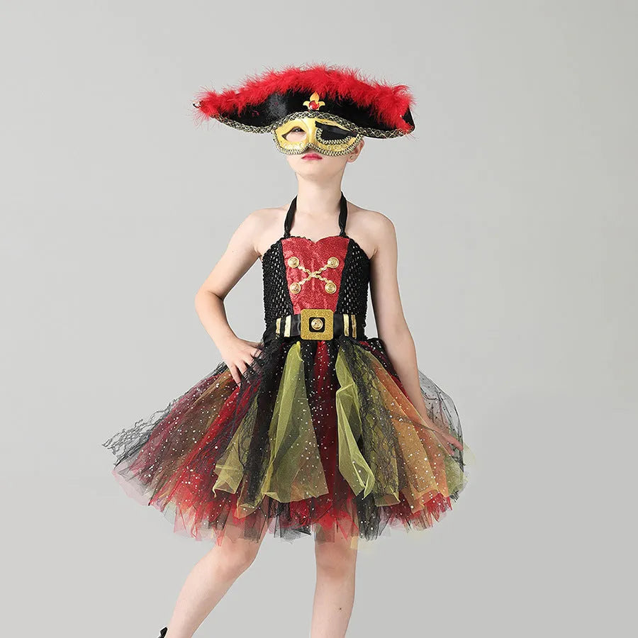 Girls sleeveless pirate costume dress with sequins and gauze mesh, Pirates of the Caribbean themed.