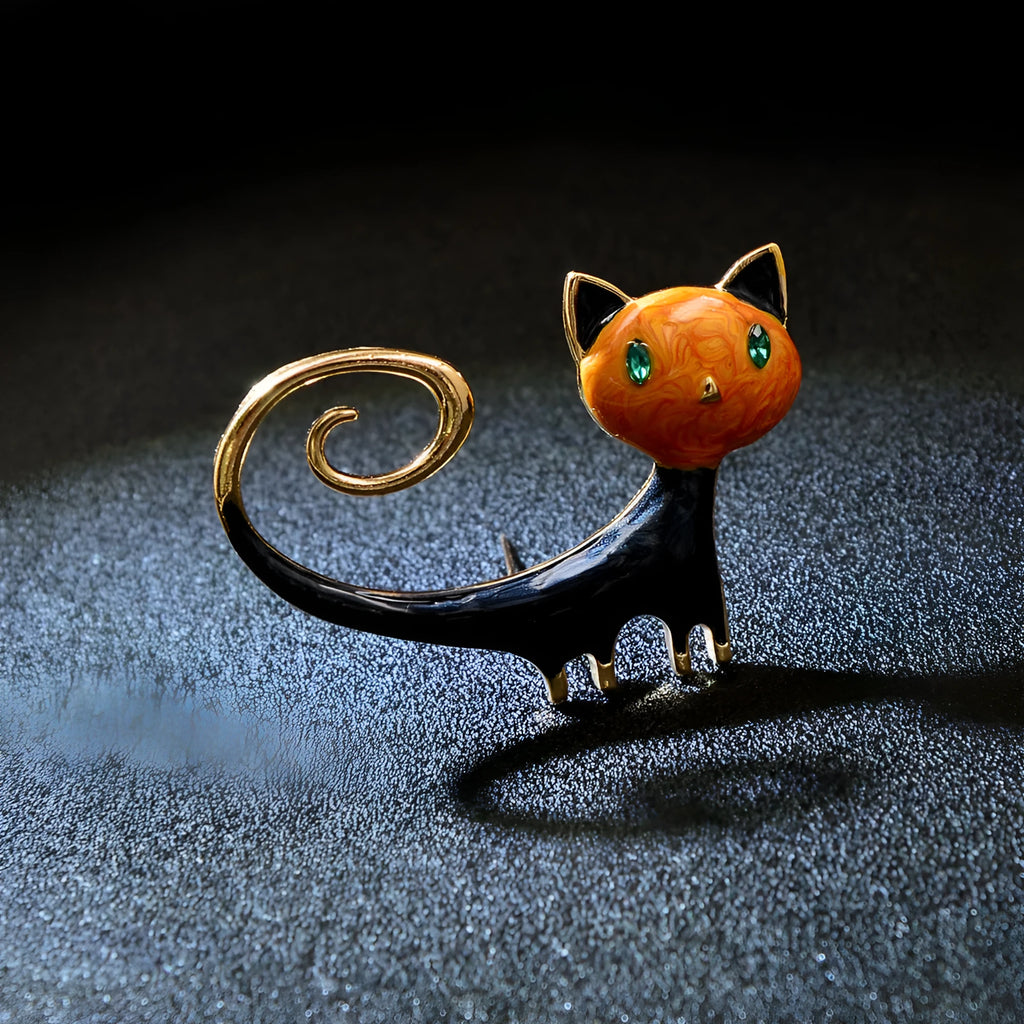 Personalised painted kitten brooch with raised tail in alloy metal, orange and white colour options