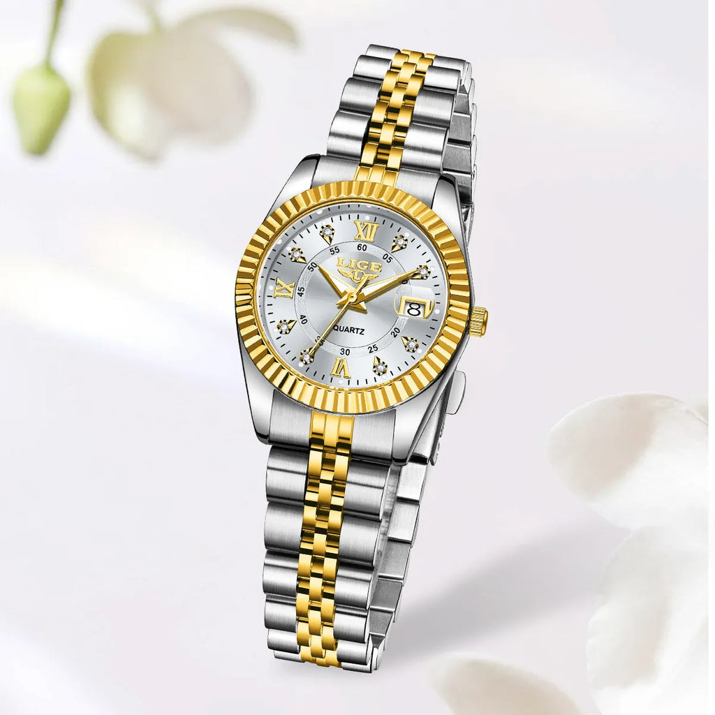 Waterproof gold and silver fashion quartz watch with 10mm thickness on wrist