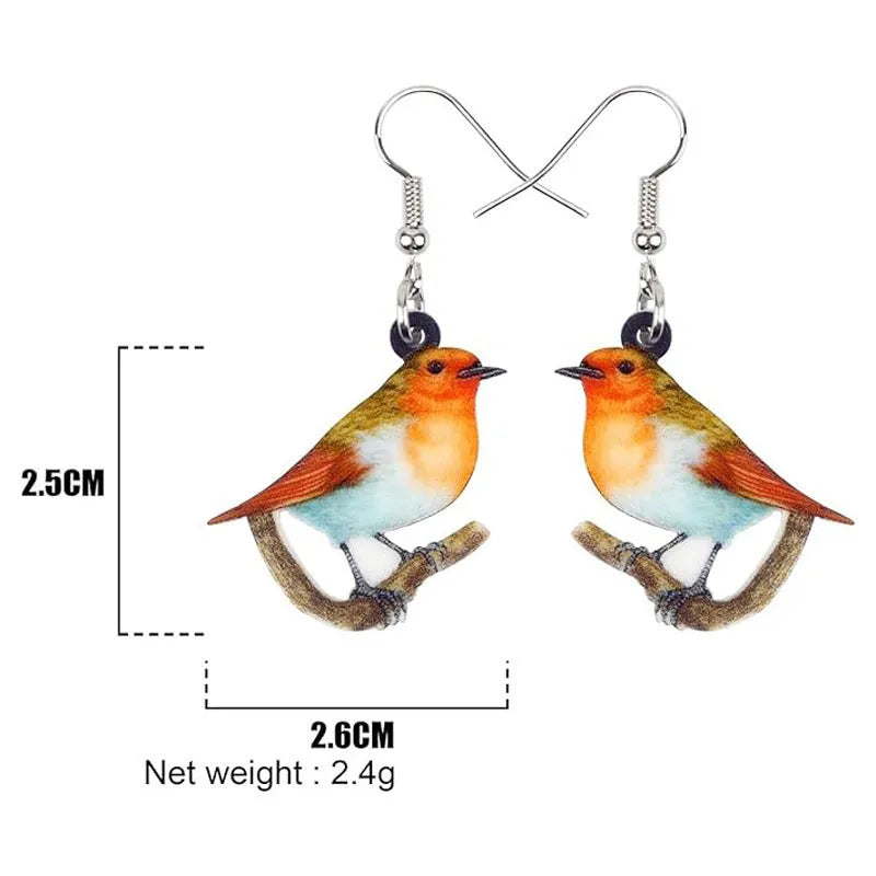 Blue, yellow, and white titmouse bird acrylic pendant drop earrings on a white background.
