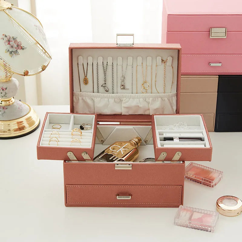 PU leather jewellery storage box in black pink rose gold or beige measuring 22.5cm × 15.5cm × 14cm