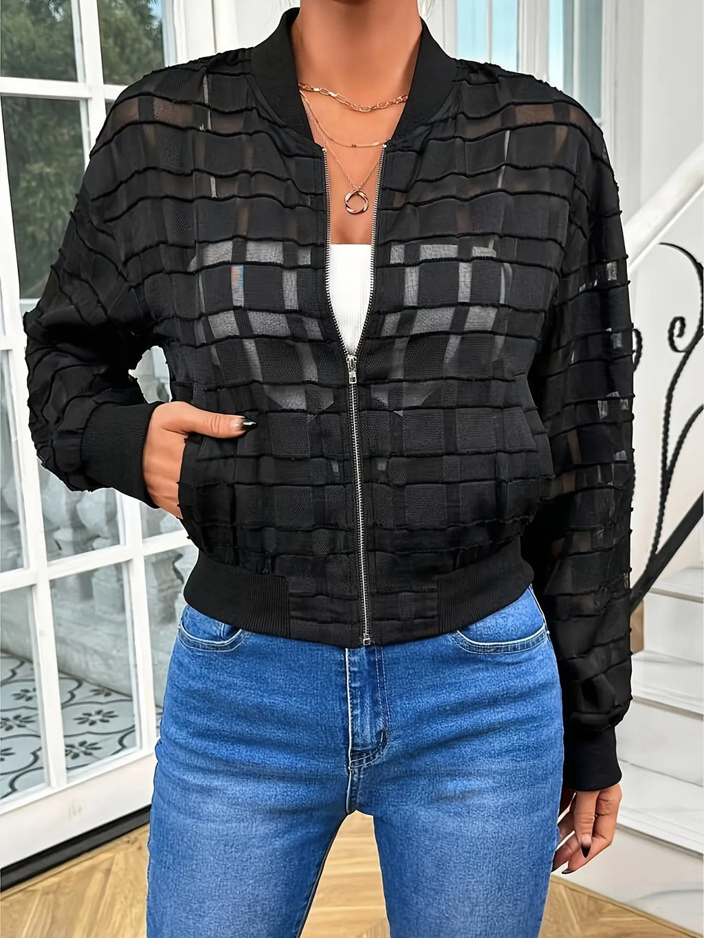 Women's black semi-transparent casual jacket with geometric pattern and thread zipper