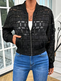 Women's black semi-transparent casual jacket with geometric pattern and thread zipper