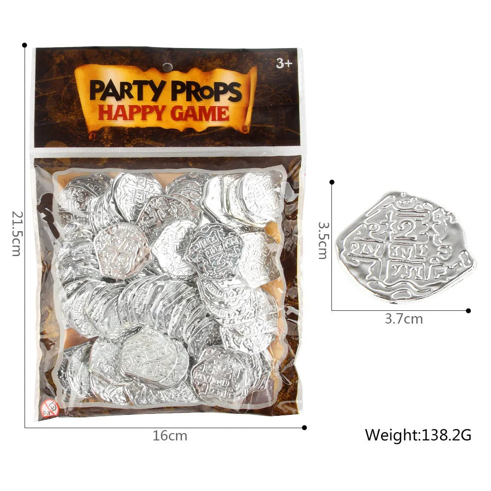 A pile of metallic gold plastic Roman pirate coins from a 100-piece pack for treasure games.