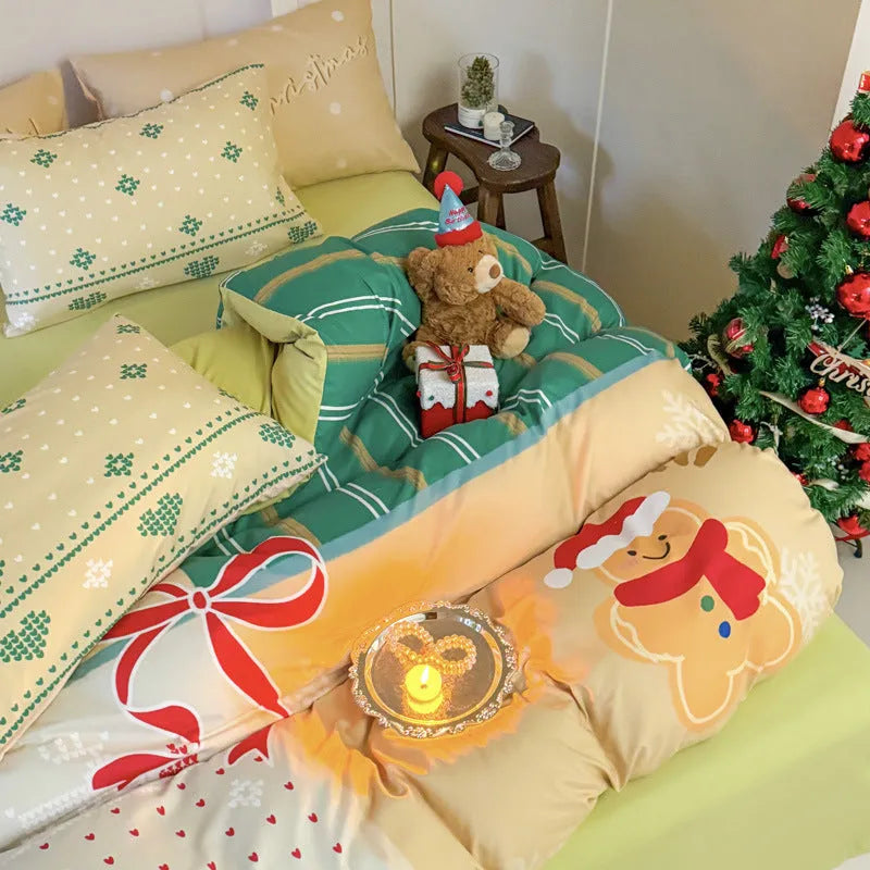 Christmas cartoon printed duvet cover and pillowcases on a bed, showing Gingerbread Man pattern.