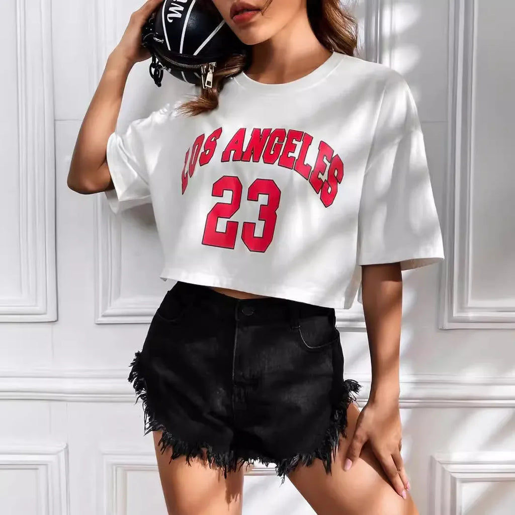 Black personalised '23 Letters' printed cotton T-shirt with loose fit and exposed navel style on a mannequin.