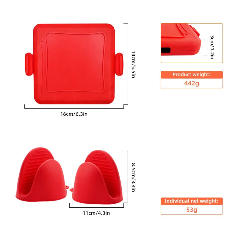 Red silicone baking tray and heat-resistant gloves set in colour box packaging