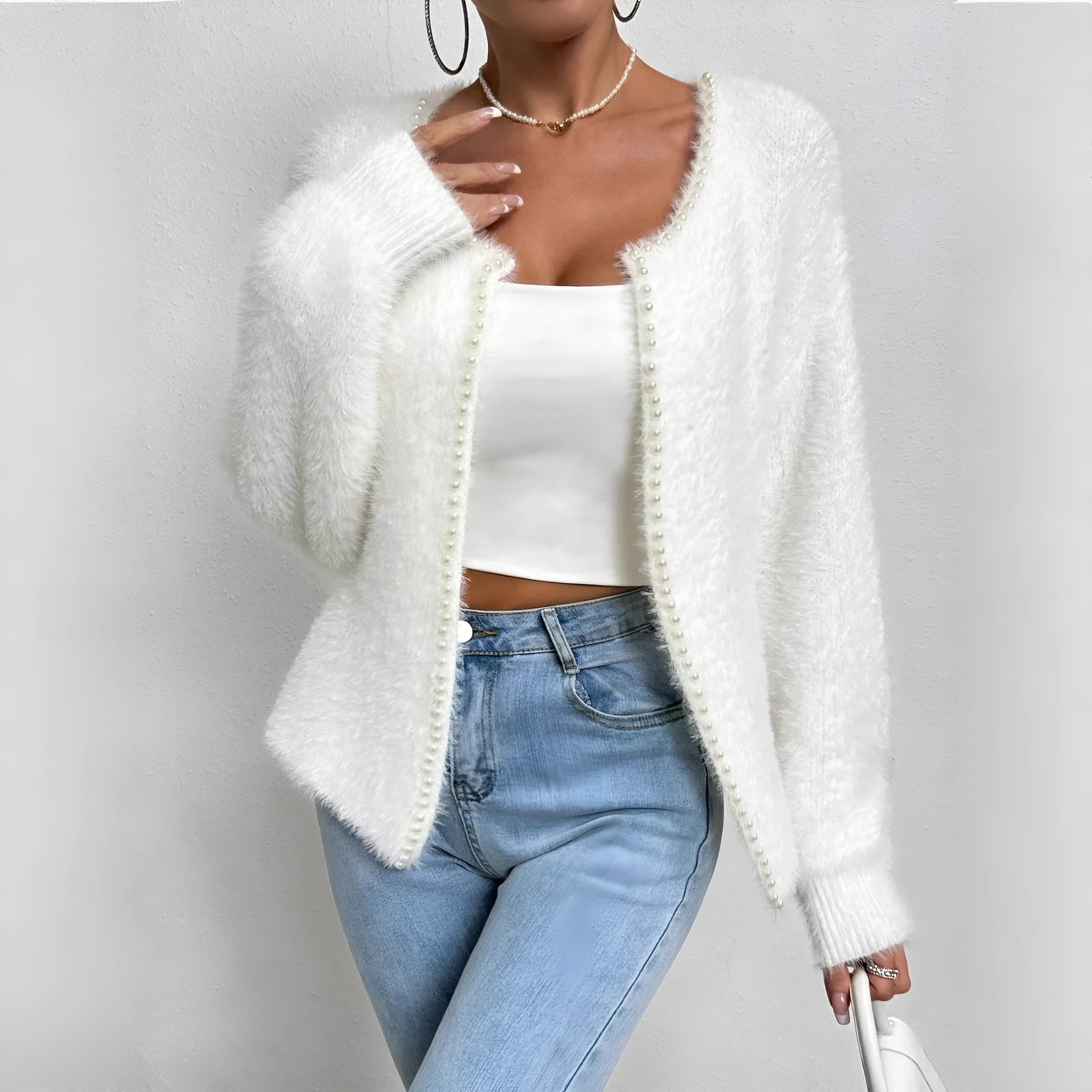White women's V-neck polyester cardigan sweater with medium thickness and 50cm length