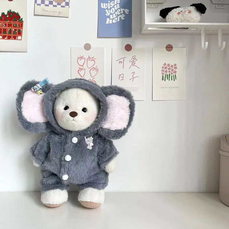 Grey plush elephant jumpsuit costume for a 30cm tall teddy bear on a neutral background.