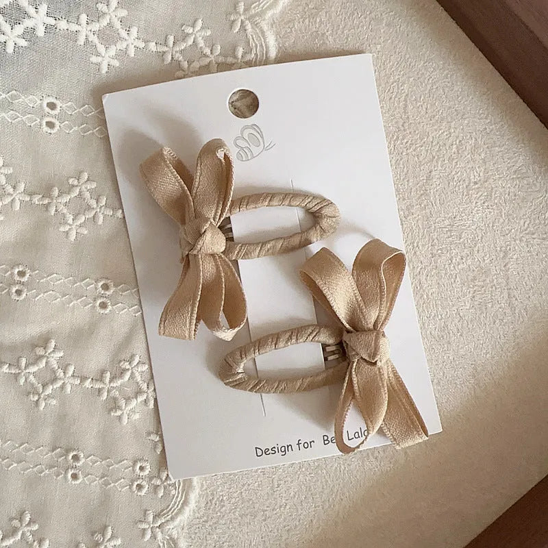 Children's cloth bow barrettes in deciduous colours red pink beige milk tea yellowish brown brown alloy clips