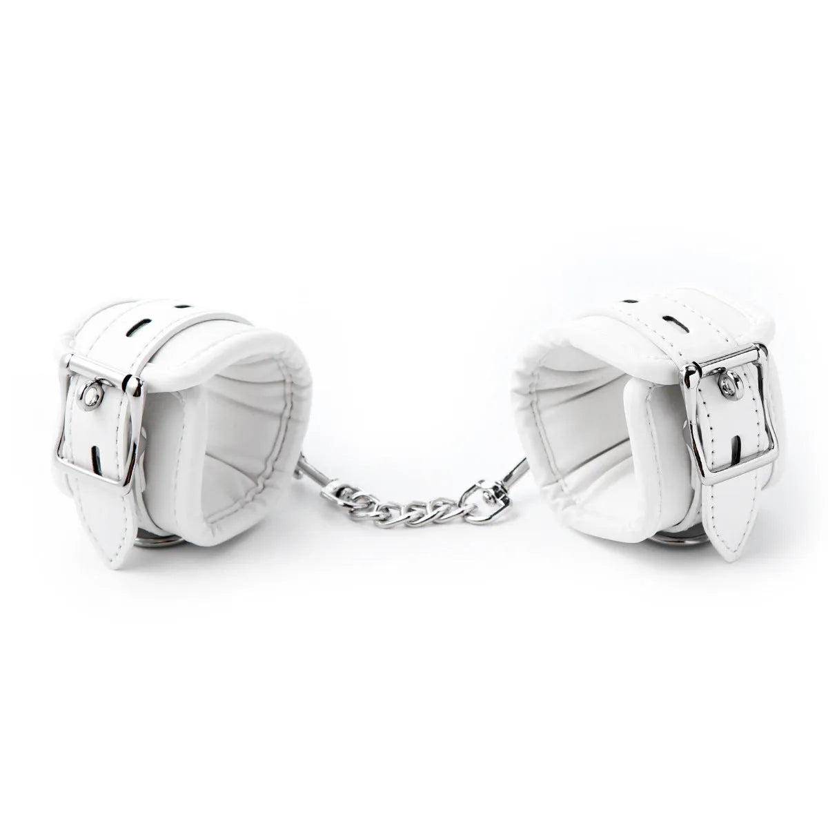 White PU sponge bondage set showing handcuffs, foot cuffs, and a neck scarf for adult play.