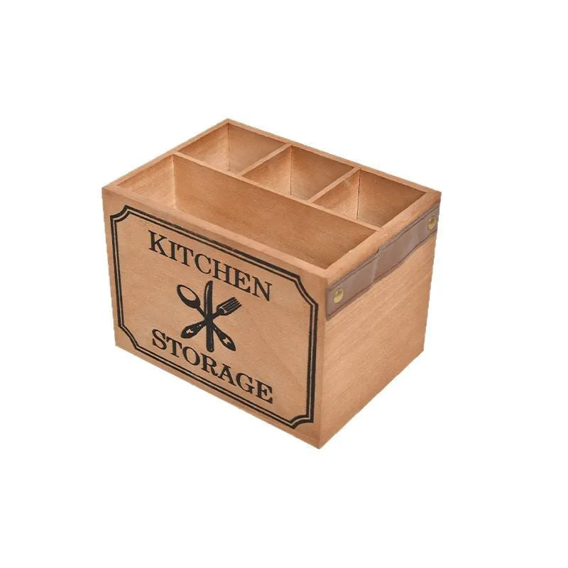 Wooden kitchen storage box with grid compartments for organising knives, forks and chopsticks