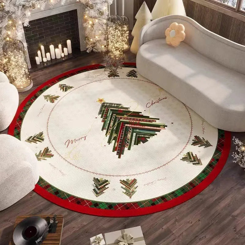 Christmas red round velvet floor mat with absorbent non-slip design for living room decoration