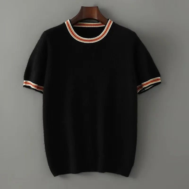 A man's short sleeve pure wool sweater with a round neck, shown in a neutral colour.