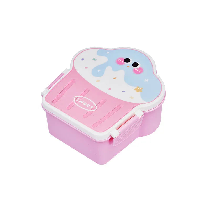 Pink and blue creative ice cream shaped plastic lunch boxes with spoons and forks on a plain background.