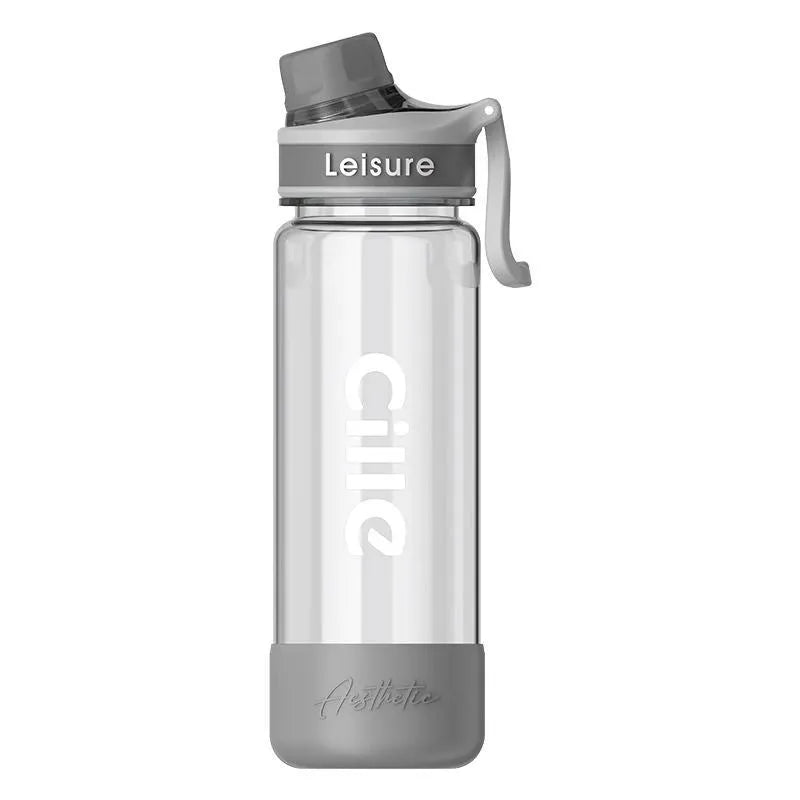 Heat-resistant plastic drinking cup with straw in cartoon pattern, available in grey, green, or pink colours