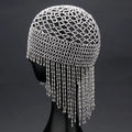 Handmade beaded belly dance headwear with alloy frame, decorative mesh surface, and 16.5cm tassel