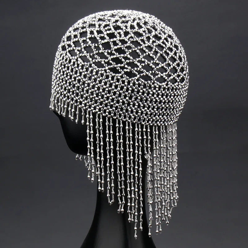 Handmade beaded belly dance headwear with alloy frame, decorative mesh surface, and 16.5cm tassel