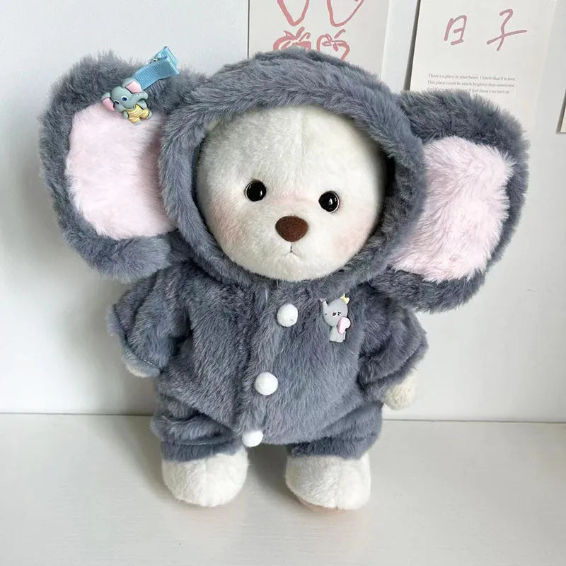 Grey plush elephant jumpsuit costume for a 30cm tall teddy bear on a neutral background.