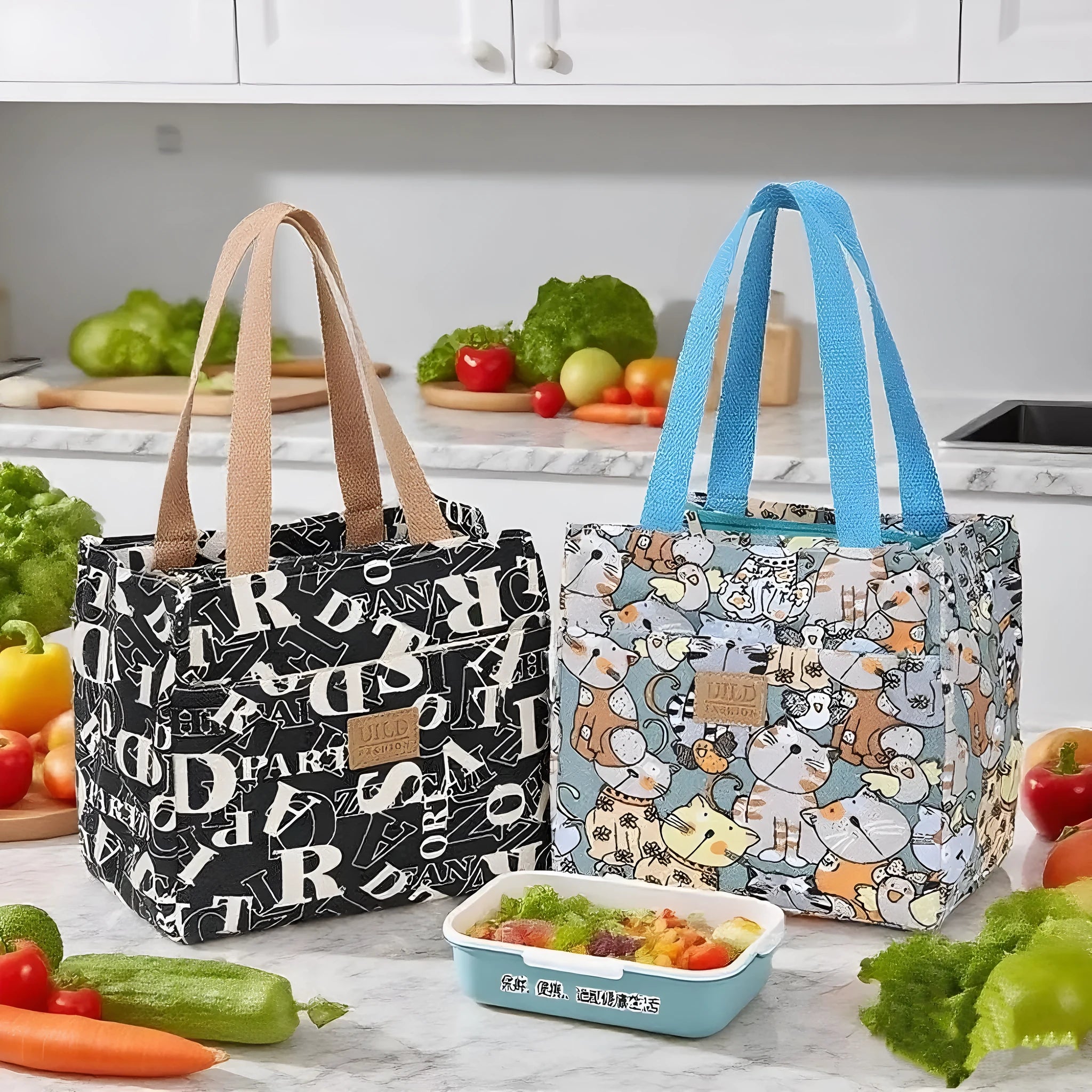 Women's large printed canvas tote bag with aluminium handles in a choice of floral and cat designs.