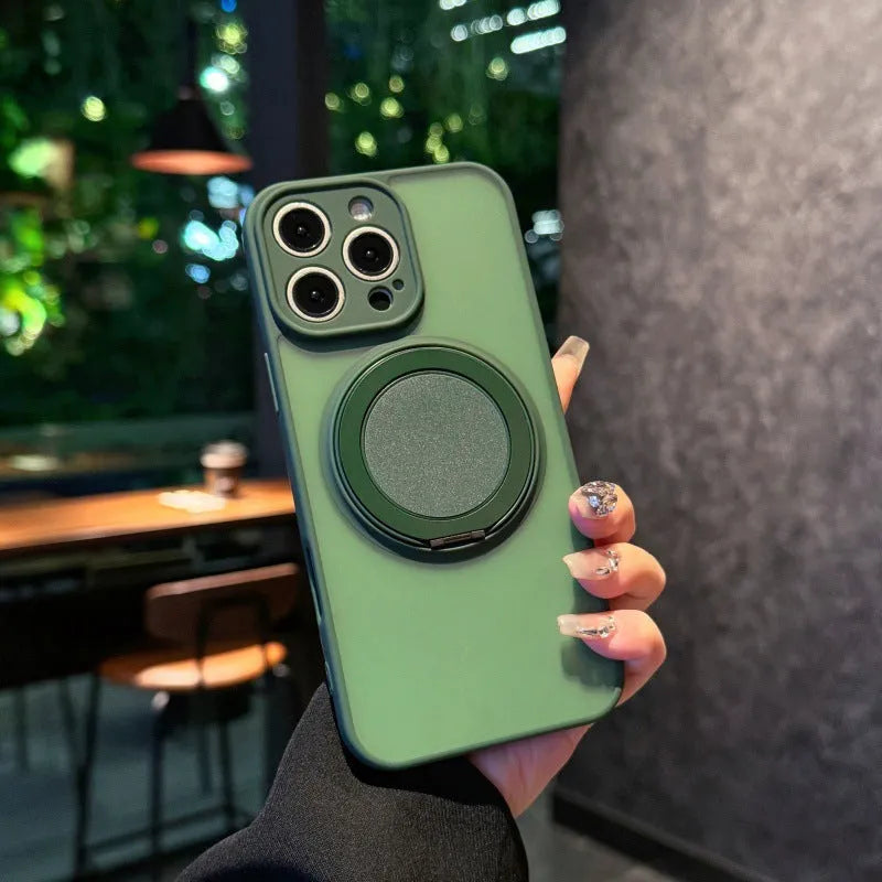 Transparent frosted magnetic phone case with a built-in folding stand for iPhone.