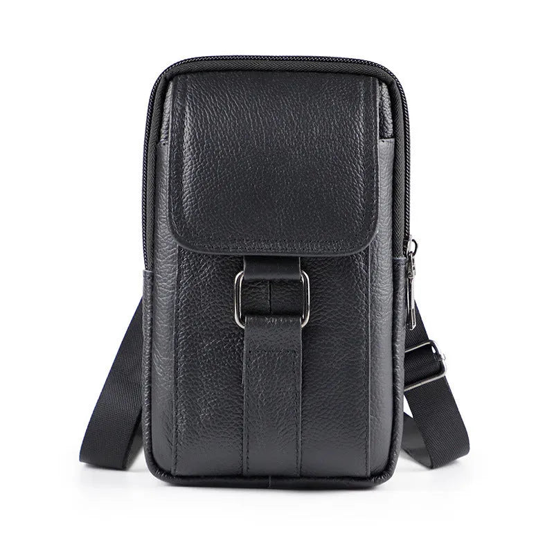 Genuine leather men's waist crossbody bag in black with a lock and vertical square shape.
