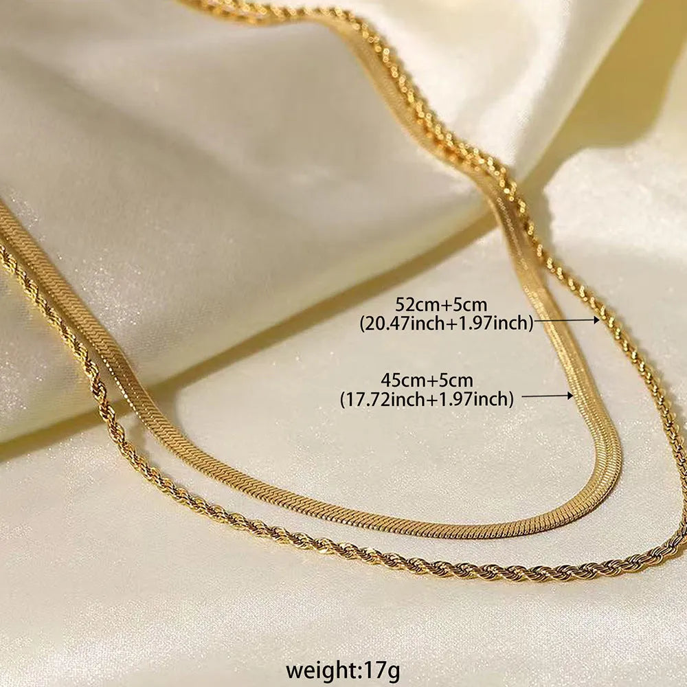 Gold geometric double-layer twist necklace on adjustable snake chain, shown at 40cm length.