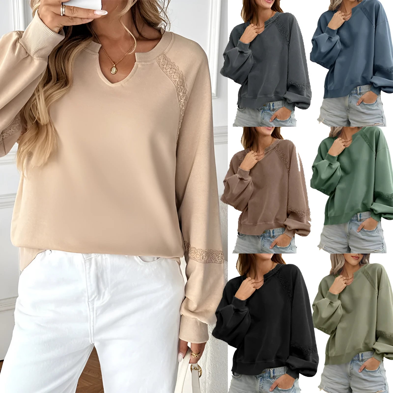 Women's half-open collar sweater with lace stitching detail in solid colour