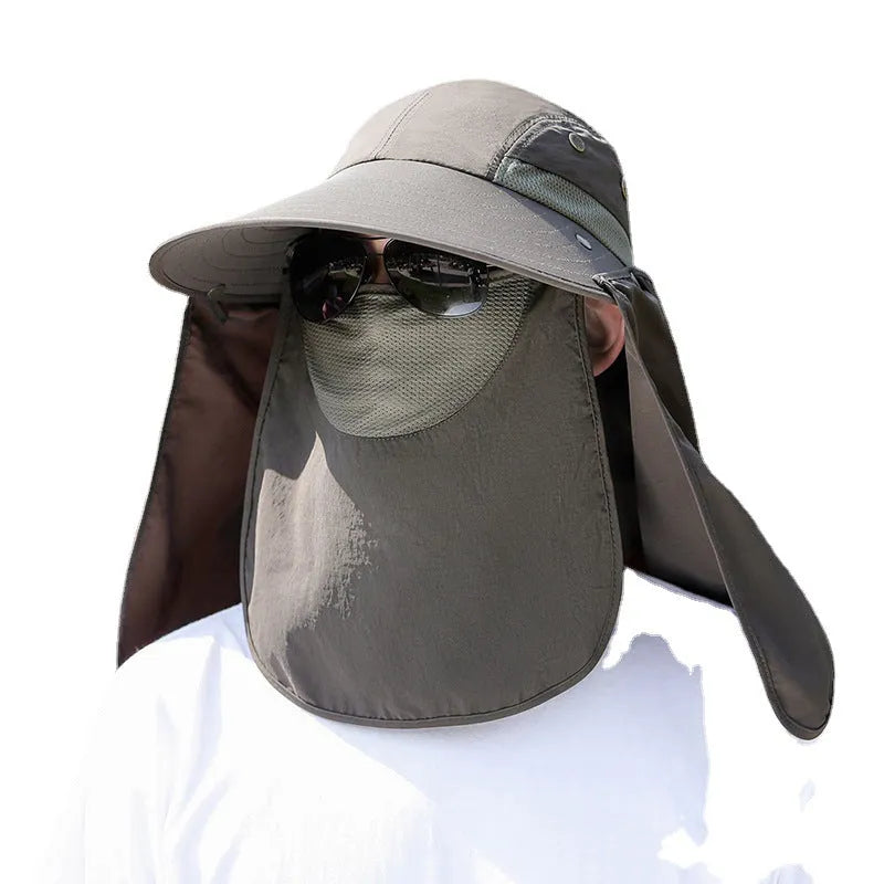 Men's khaki sun hat with USB rechargeable fan and attached face covering shawl for outdoor protection