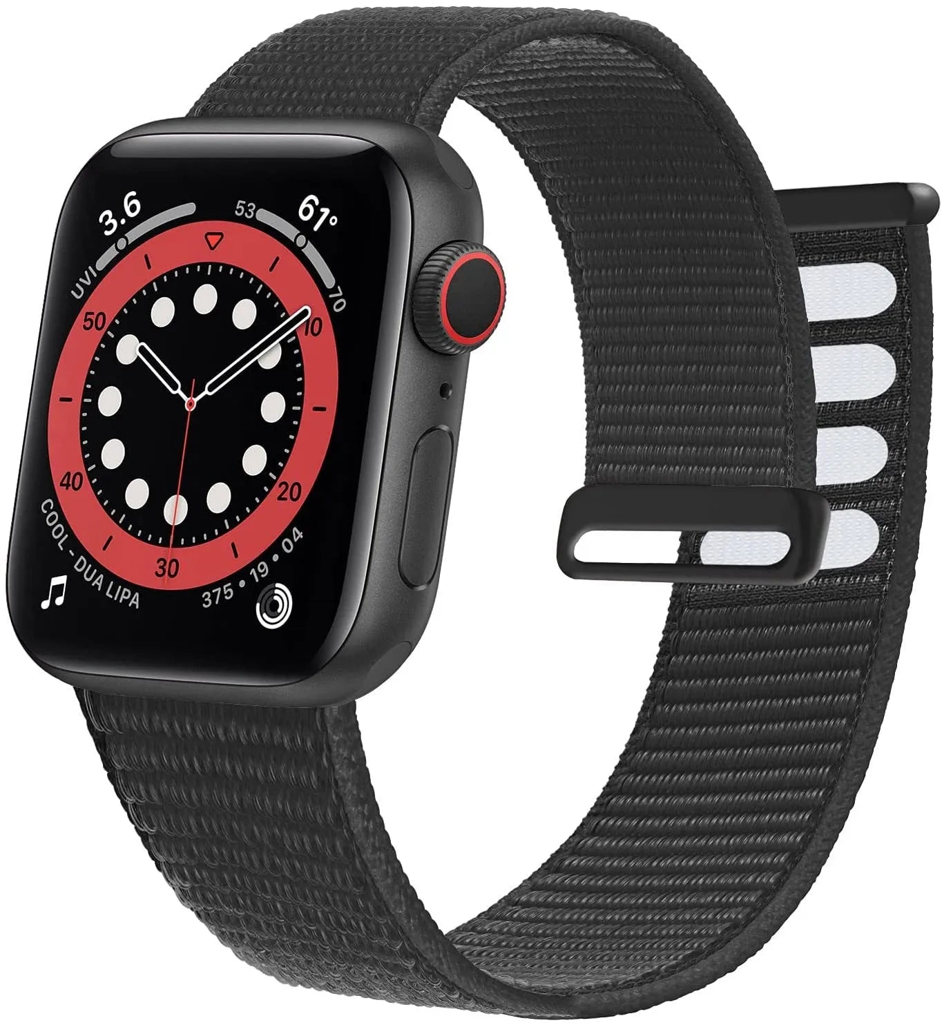Woven nylon smartwatch strap in pink sand colour, shown detached from a watch.