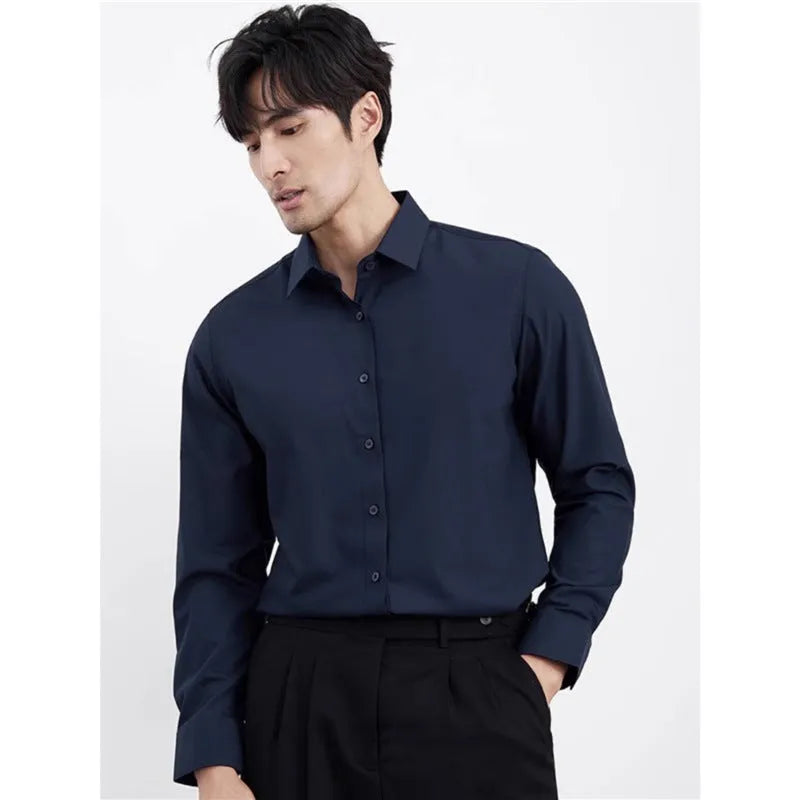 Men's wine red slim fit long sleeve business shirt laid flat, non-iron cardigan style.