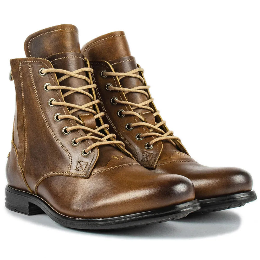 Men's black leather Knight Series boot with side zip and low heel.