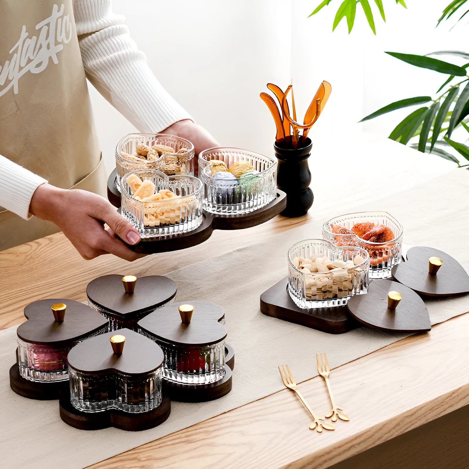 Glass dim sum plate with transparent heart-shaped lid in retro style, showing compartment options
