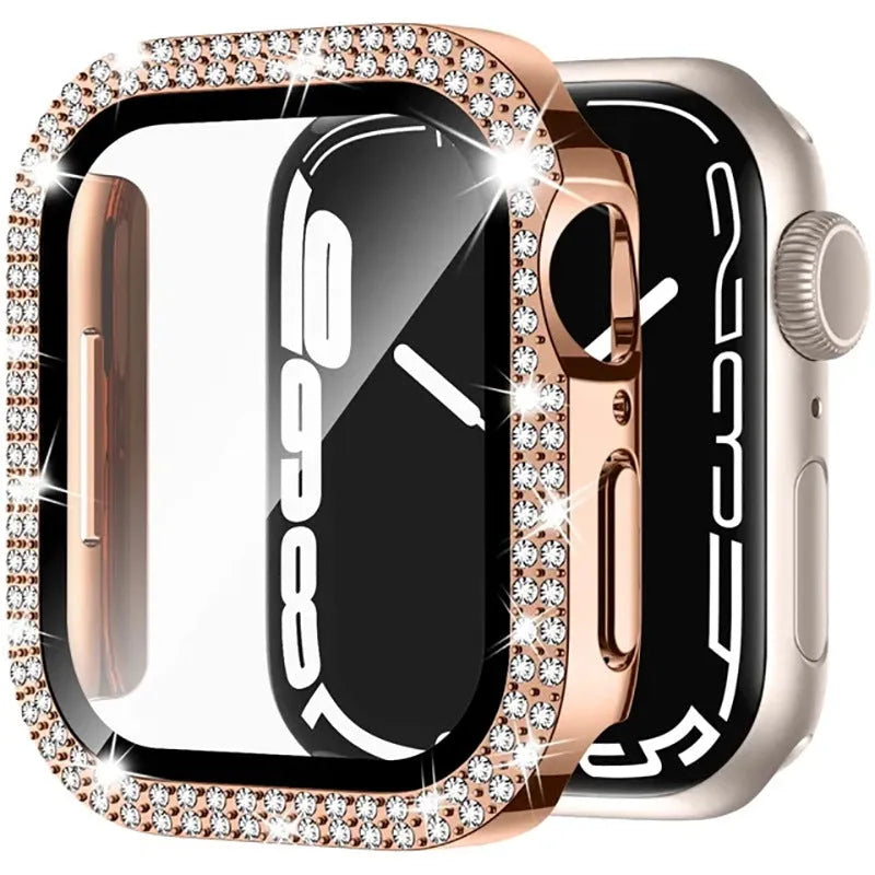 Apple Watch case with double diamond glass and peep-proof privacy screen in rose gold colour.