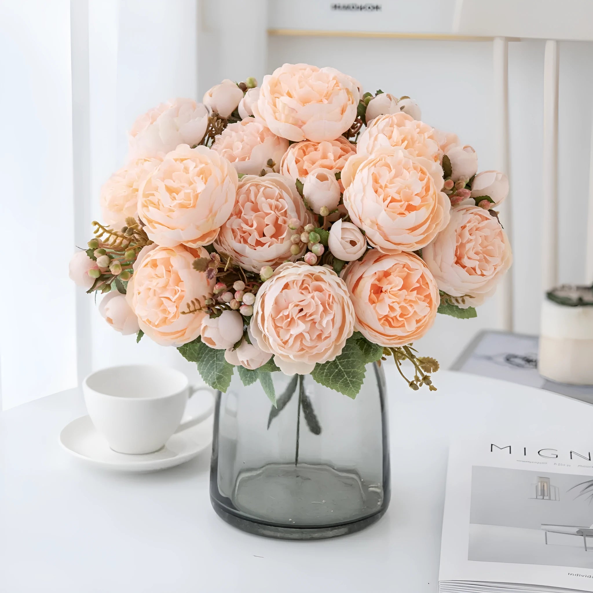 Artificial silk peony flower bouquet in a vase, showcasing champagne colour and realistic petal texture.
