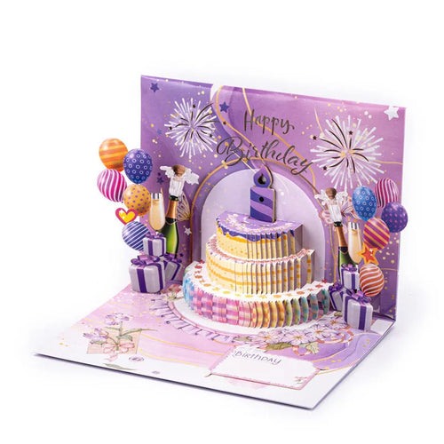 Open 3D cake pop-up greeting card with Chinese ink style artwork, showing manual folding