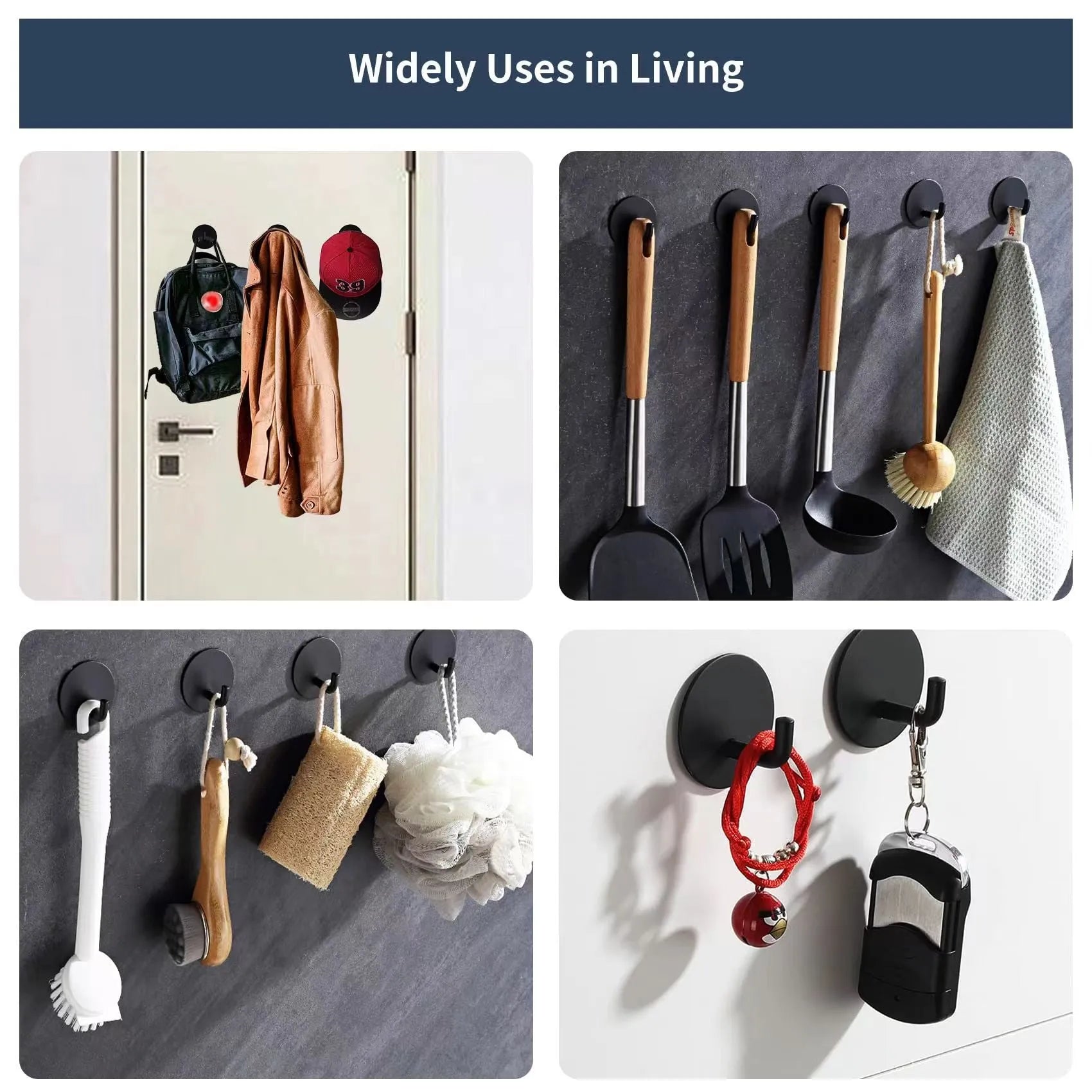 Black and sanded stainless steel self-adhesive hooks with 3kg load capacity for wall mounting.