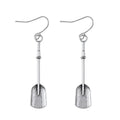 Long antique silver shovel-shaped drop earrings with a geometric retro design.