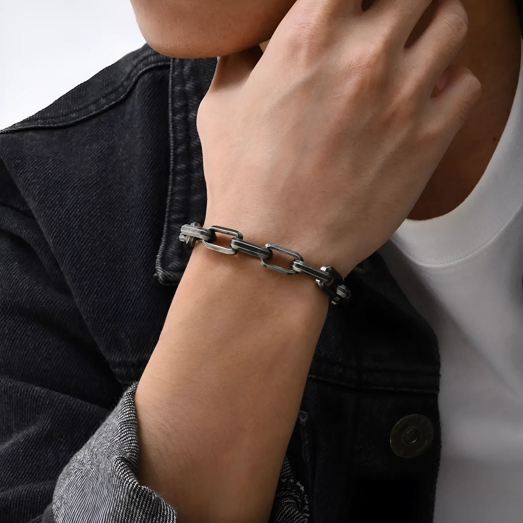 Men's square chain link stainless steel bracelet in black, gold, steel, and retro colours.