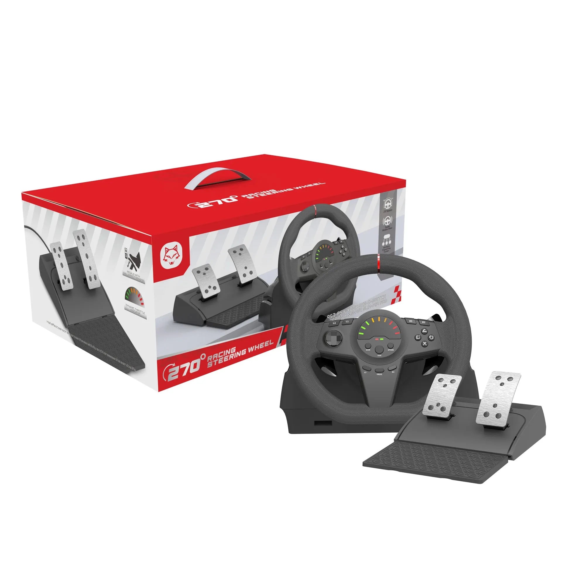 Black multi-platform gaming steering wheel with two pedals, paddle shifters, and LED display on a desk.