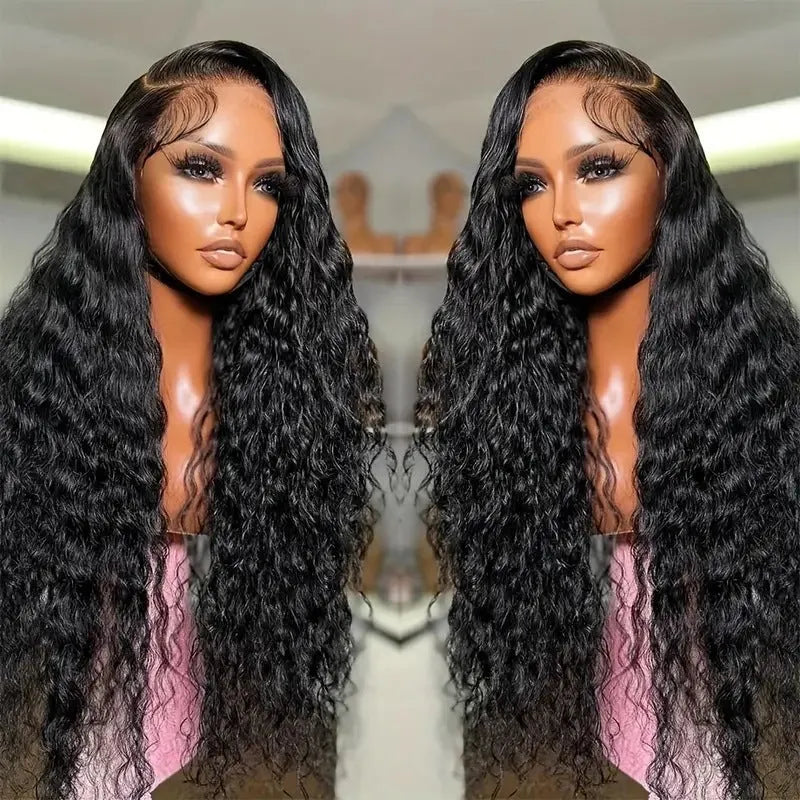 A woman wearing a long curly black synthetic lace wig with side bangs in a small roll wound tube Afro style.