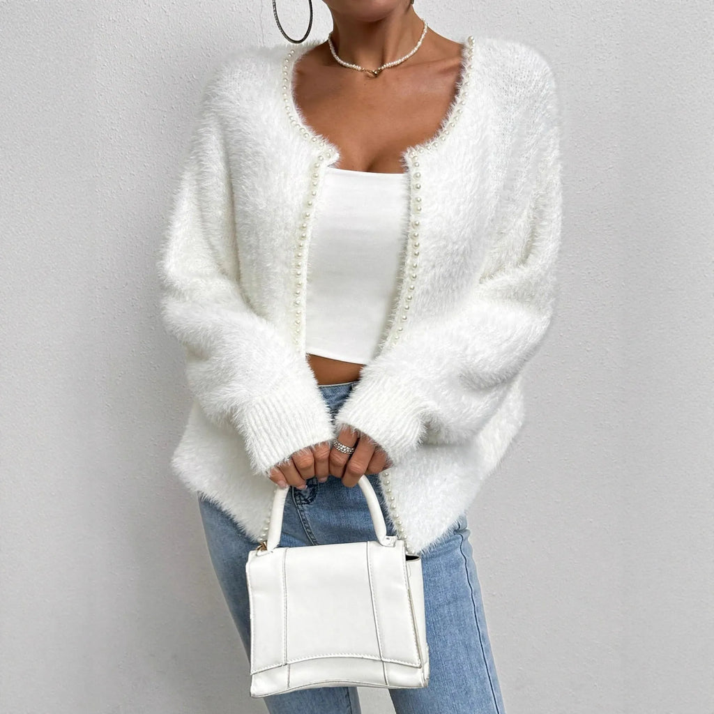 White women's V-neck polyester cardigan sweater with medium thickness and 50cm length