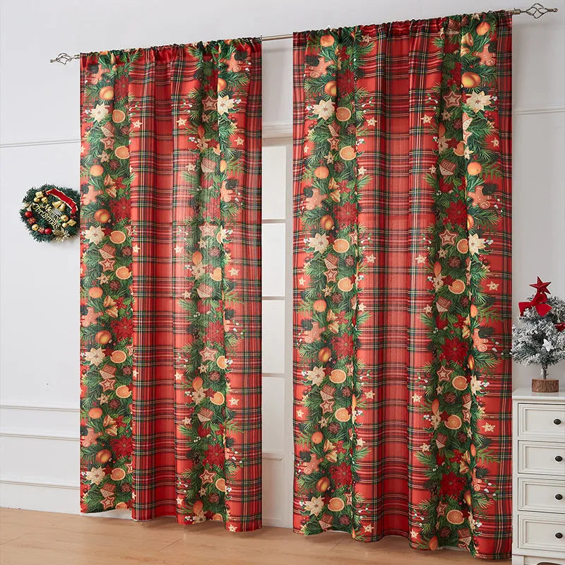 American-style rectangular curtain with printed festive design showing semi-sunshade function