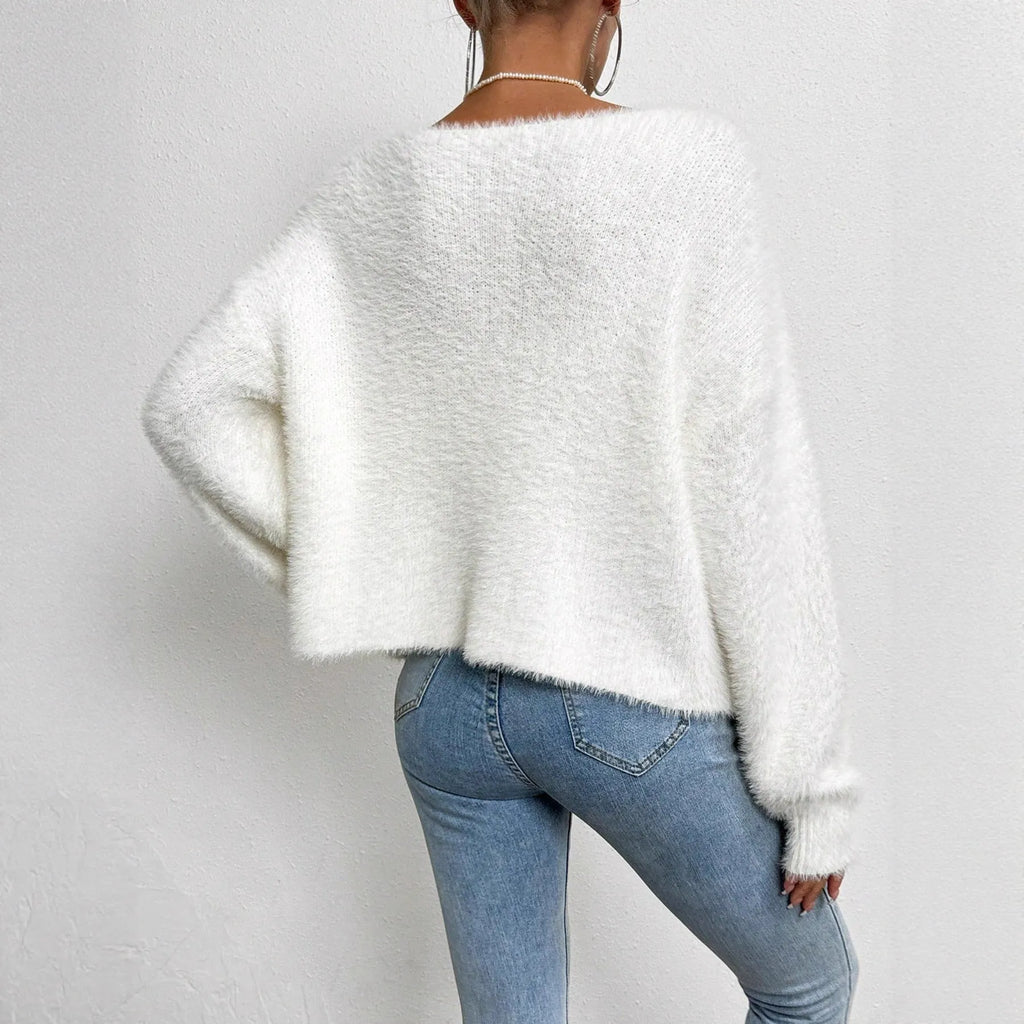 White women's V-neck polyester cardigan sweater with medium thickness and 50cm length