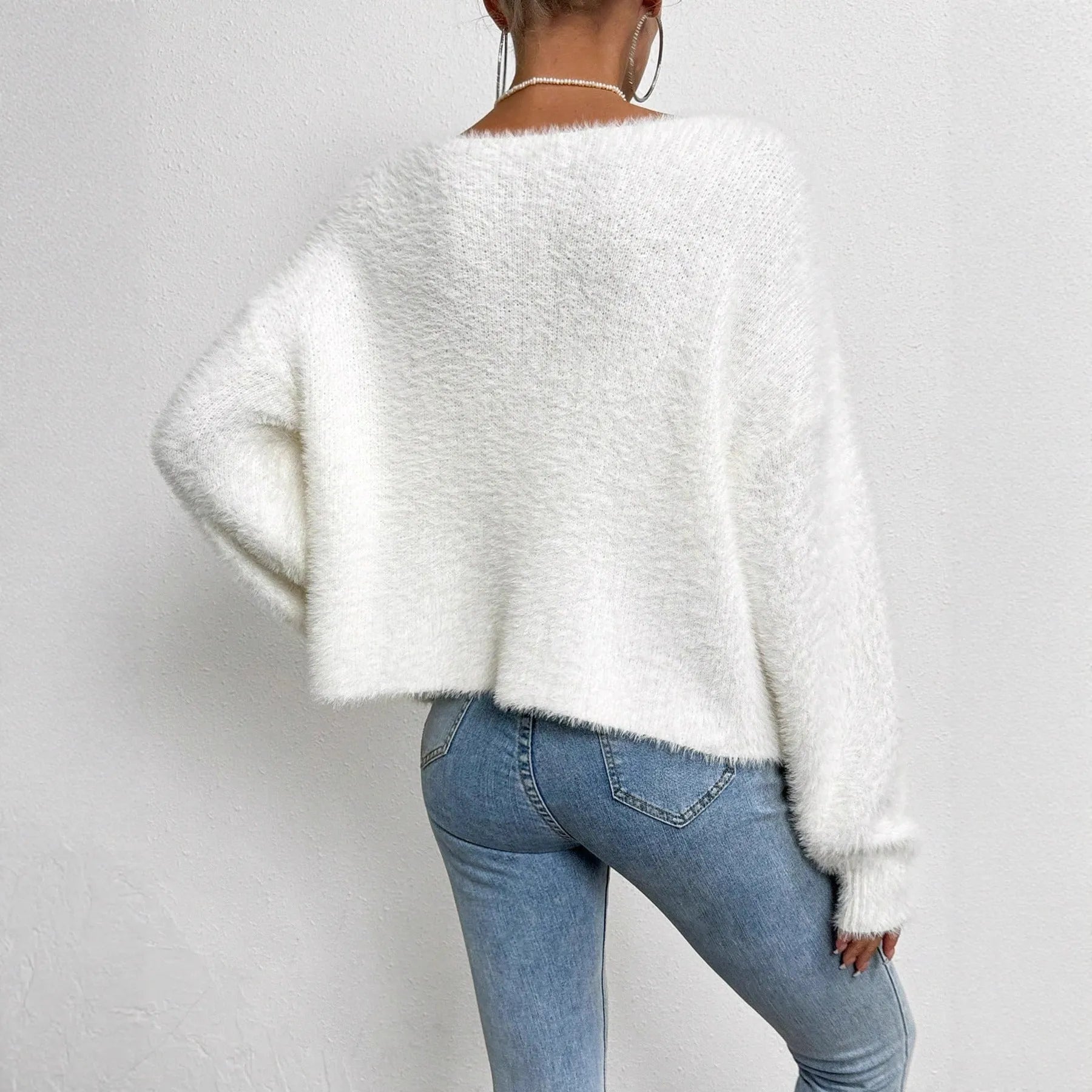 White women's V-neck polyester cardigan sweater with medium thickness and 50cm length