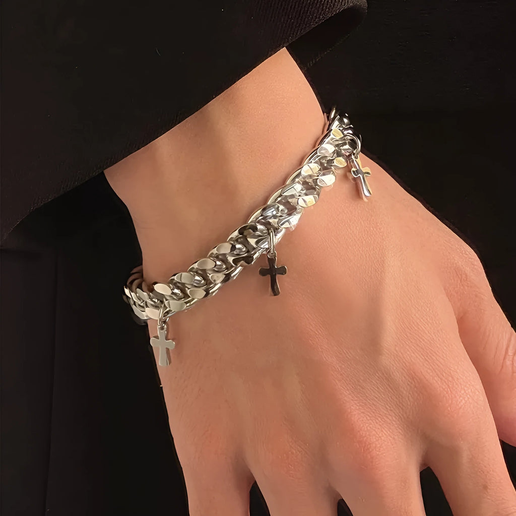 Men's titanium steel bracelet with geometric cross design showing cold wind styling