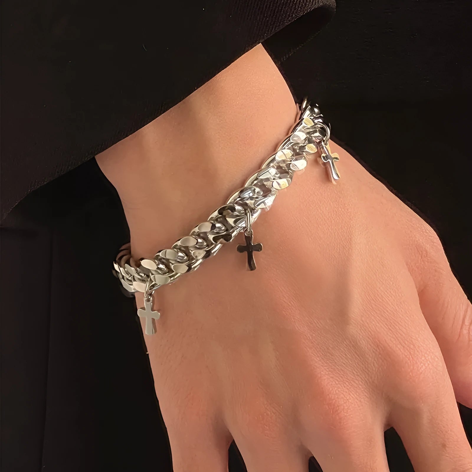 Men's titanium steel bracelet with geometric cross design showing cold wind styling