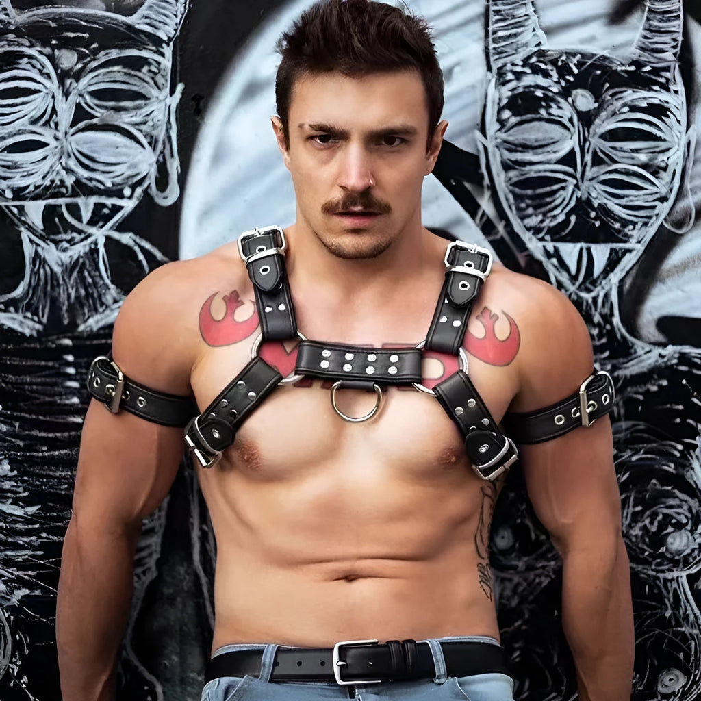 Black leather chest muscle bondage strap with metal buckle adjustment for adult costume use