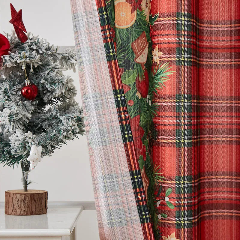 American-style rectangular curtain with printed festive design showing semi-sunshade function