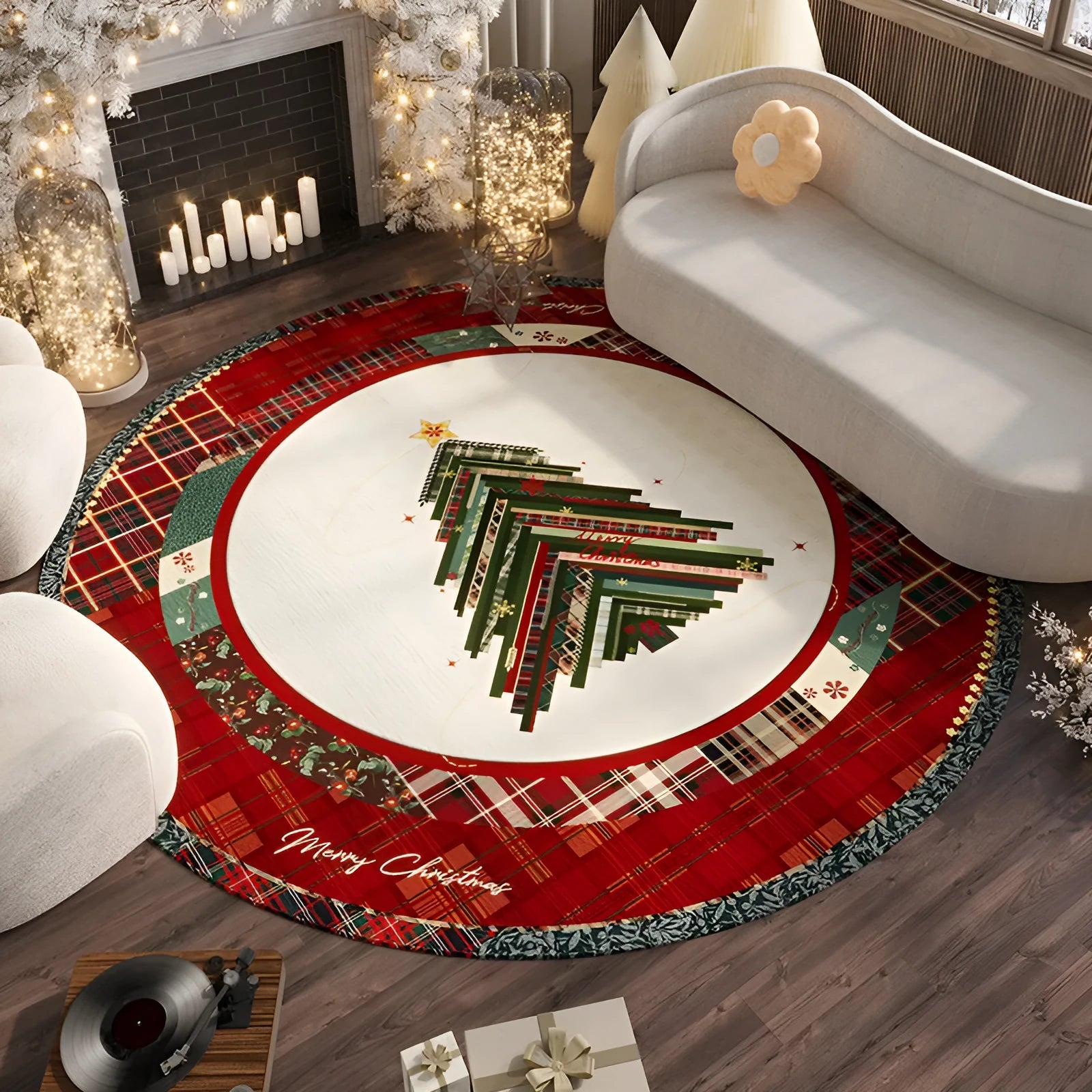 Christmas red round velvet floor mat with absorbent non-slip design for living room decoration